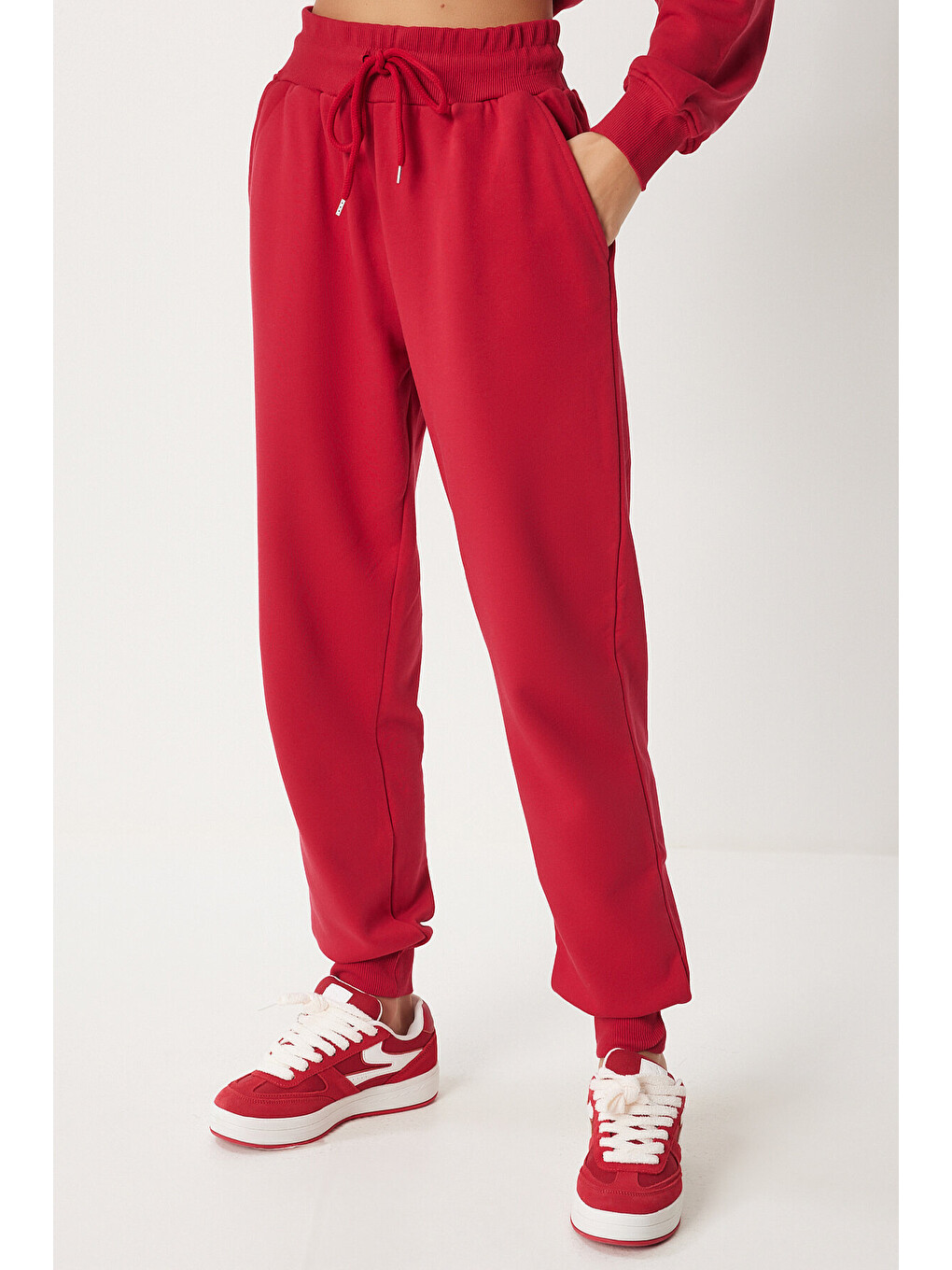 Kapüşonlu Sweatshirt Jogger Oversize Örme Eşofman Takımı Kırmızı Lpys003-4