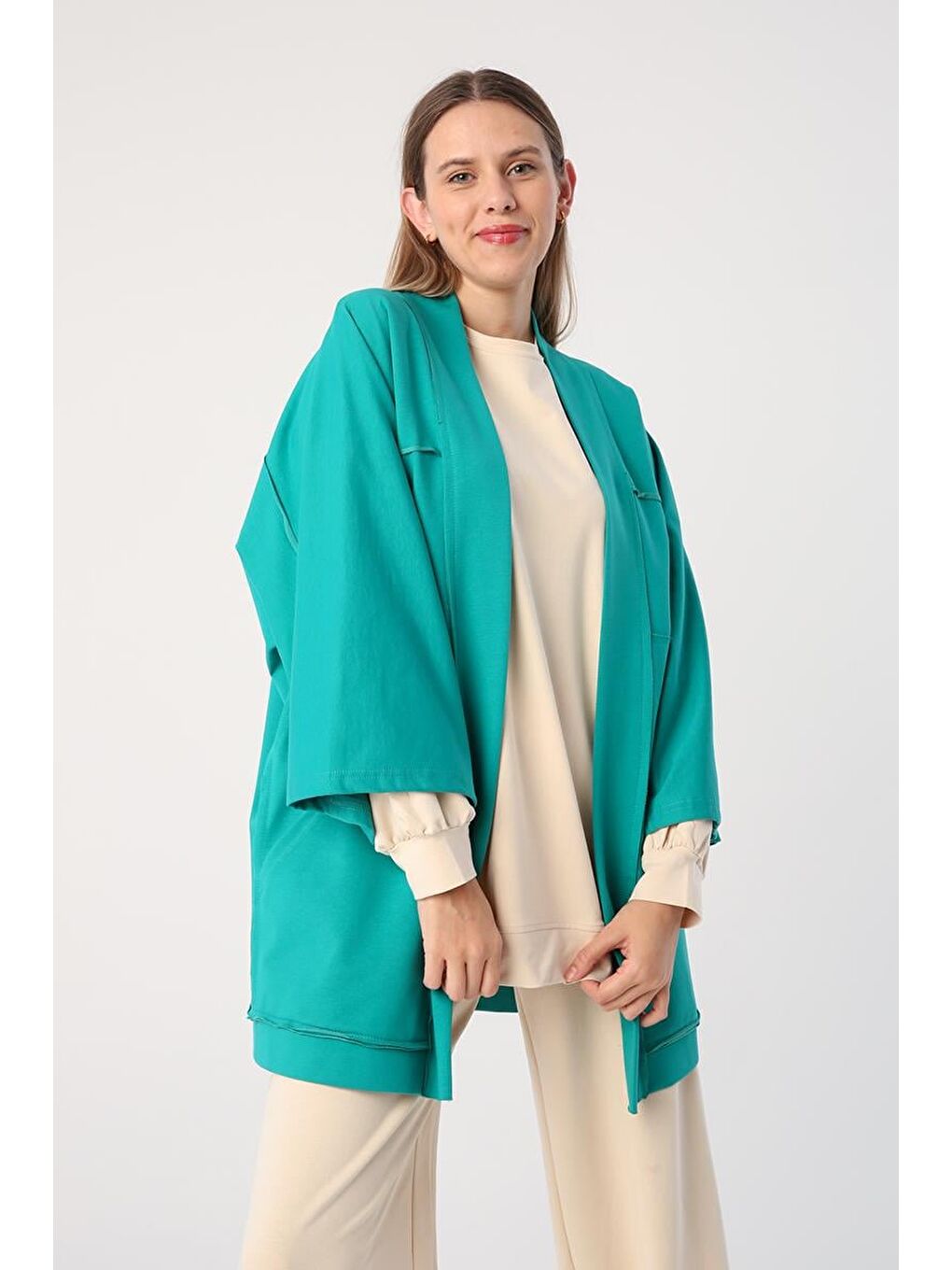 Yeşil Zümrüt-Yarasa Kollu Oversize Hırka