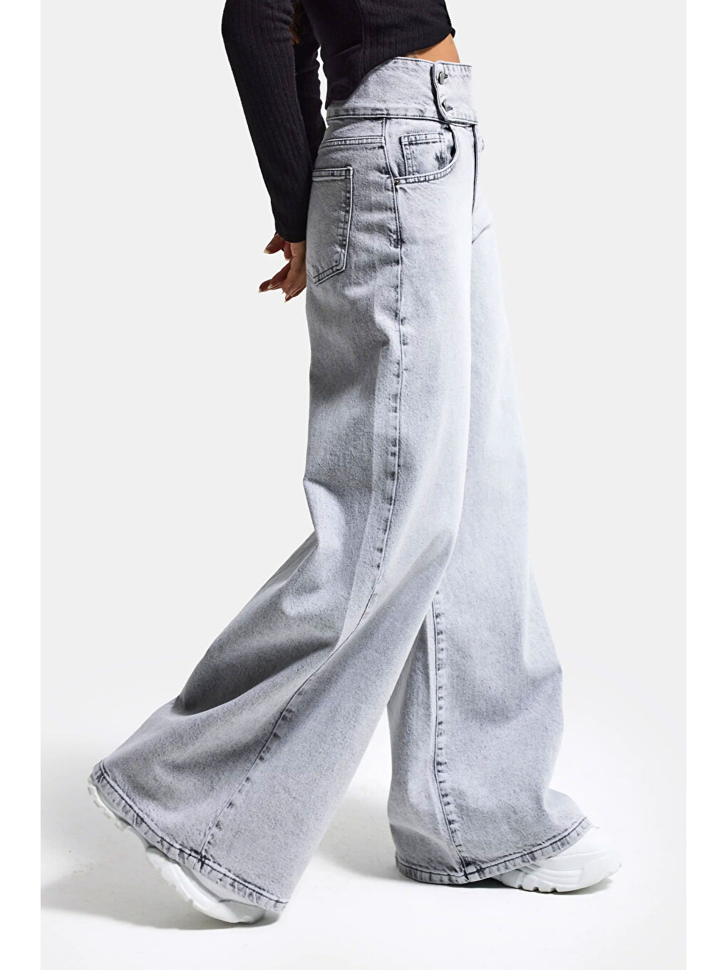 Kadın Gri Renk 4s6-12 Palazzo Fit Kemer Detaylı Elastan Kumaş Denim Jean-2
