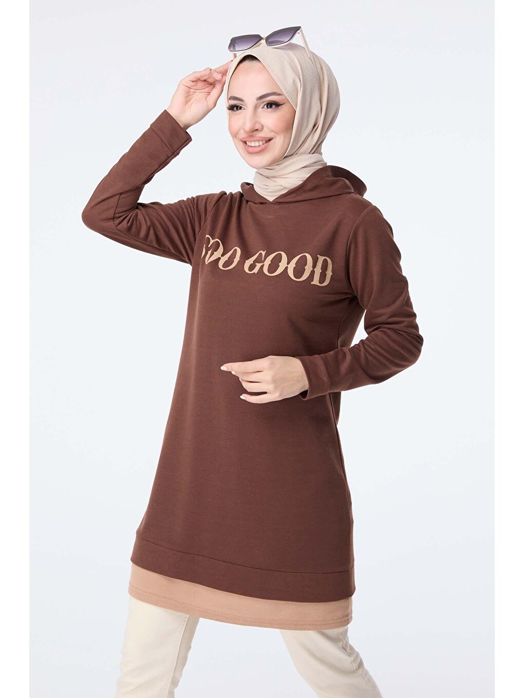 Kapüşonlu Yaka Kadın Kahverengi Sweat - 13024-1