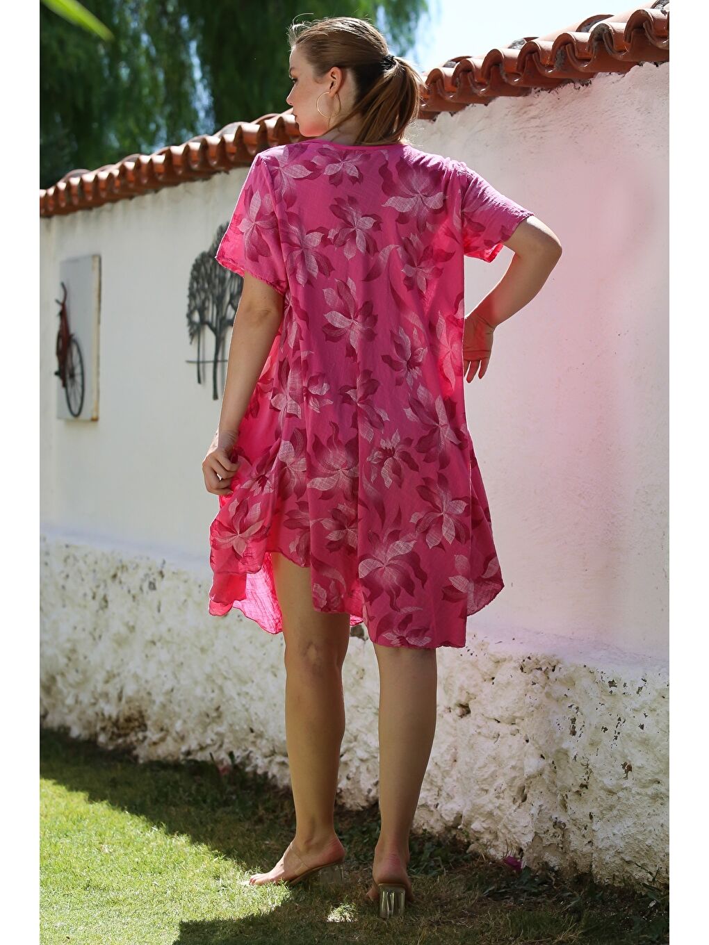 İtalyan Pastel Pembe Havuz Yaka Kısa Kol Çiçekli Casual Oversize Dokuma Elbise 110 70-7