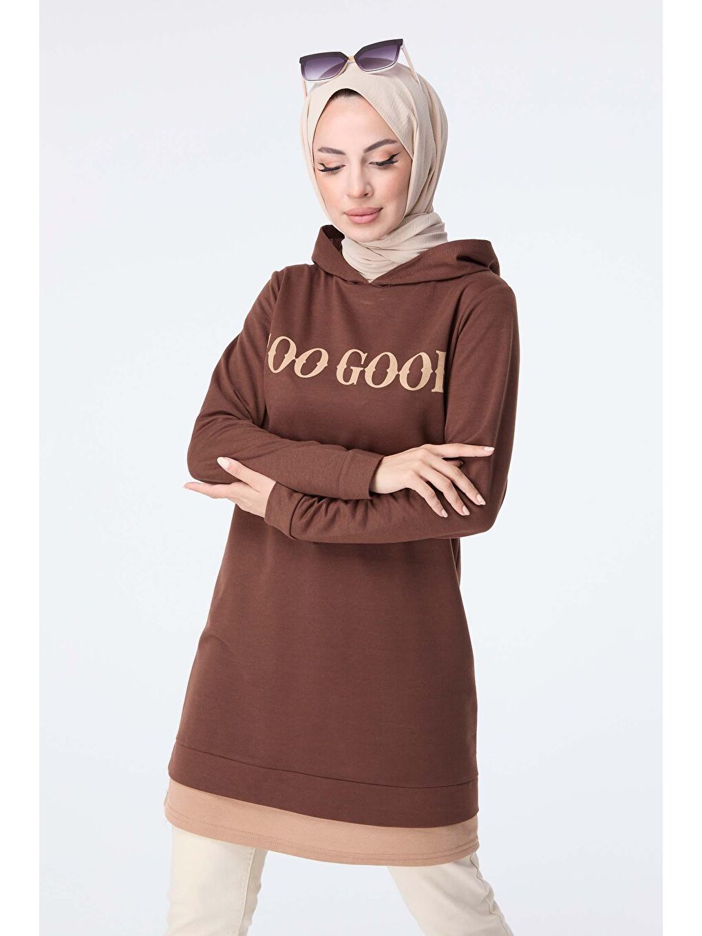 Kapüşonlu Yaka Kadın Kahverengi Sweat - 13024-2