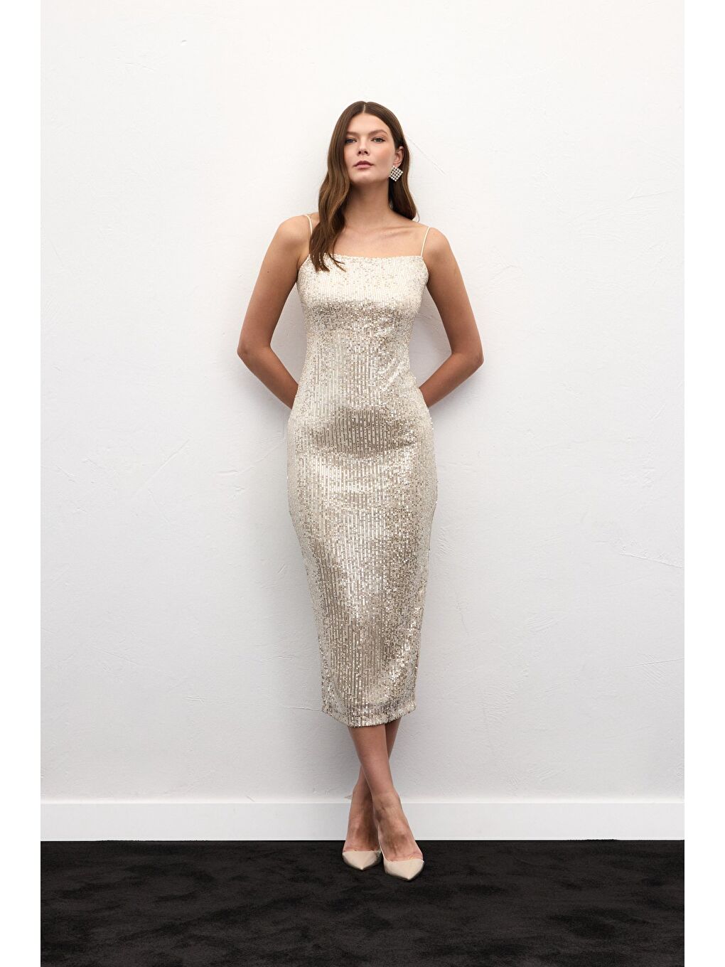Askılı Uzun Payet Elbise - Bej-2