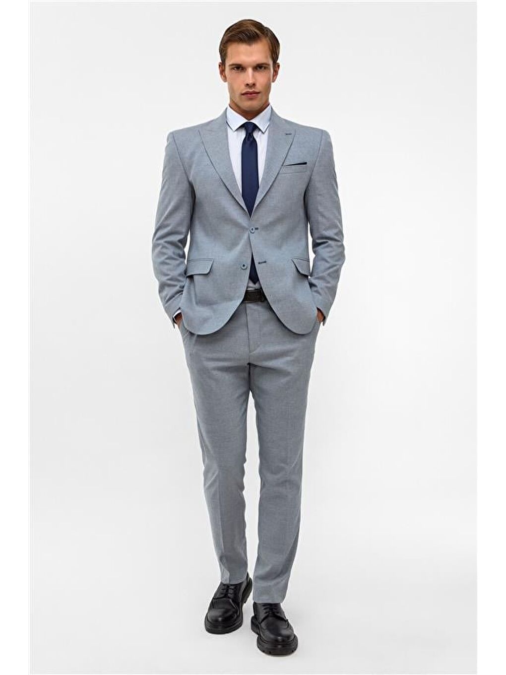 Saks Mavi Slim Desenli Mono Yaka 6 Drop Takım Elbise