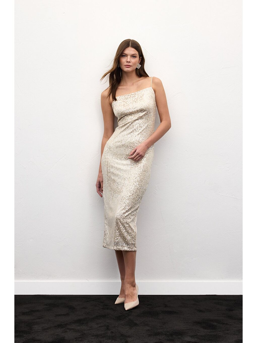 Askılı Uzun Payet Elbise - Bej-3