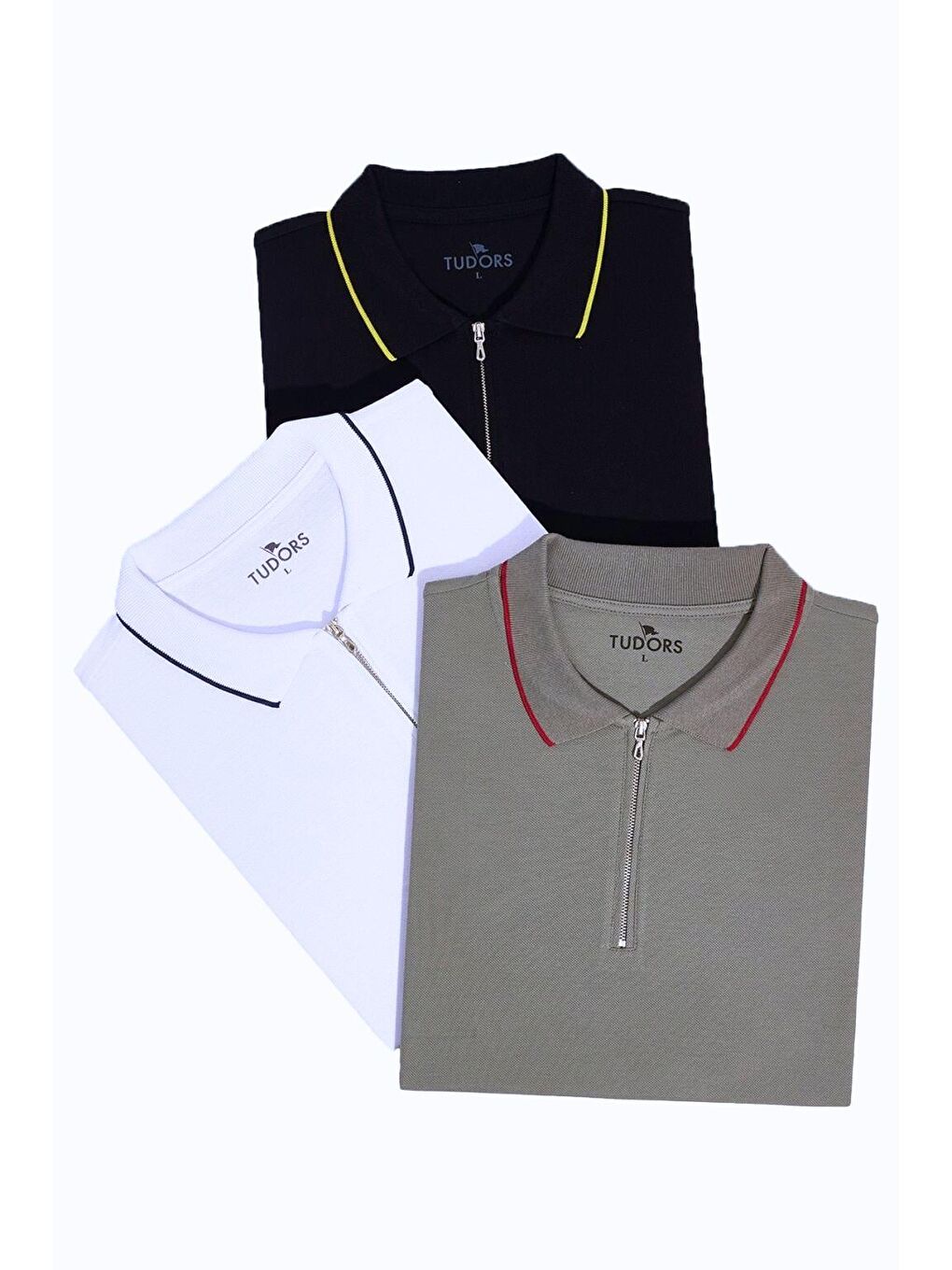 Karışık Erkek 3'Lü Paket Lacivert-Gri-Beyaz Slim Fit Dar Kesim Pamuklu Düz Fermuarlı Pike Polo Yaka Tişört