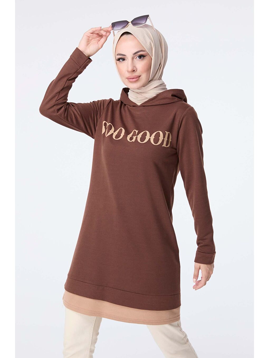 Kapüşonlu Yaka Kadın Kahverengi Sweat - 13024-3