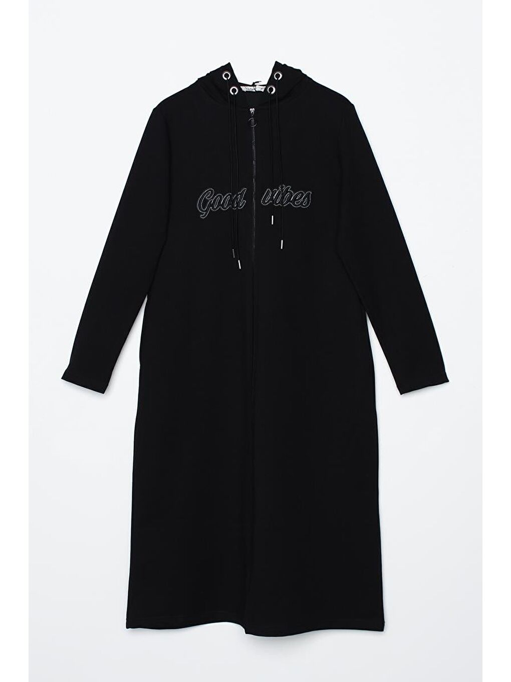 Siyah Aplike Nakışlı Çift Kordonlu Kapüşonlu Hırka-5