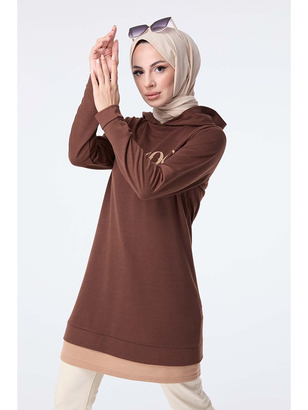Kapüşonlu Yaka Kadın Kahverengi Sweat - 13024-4