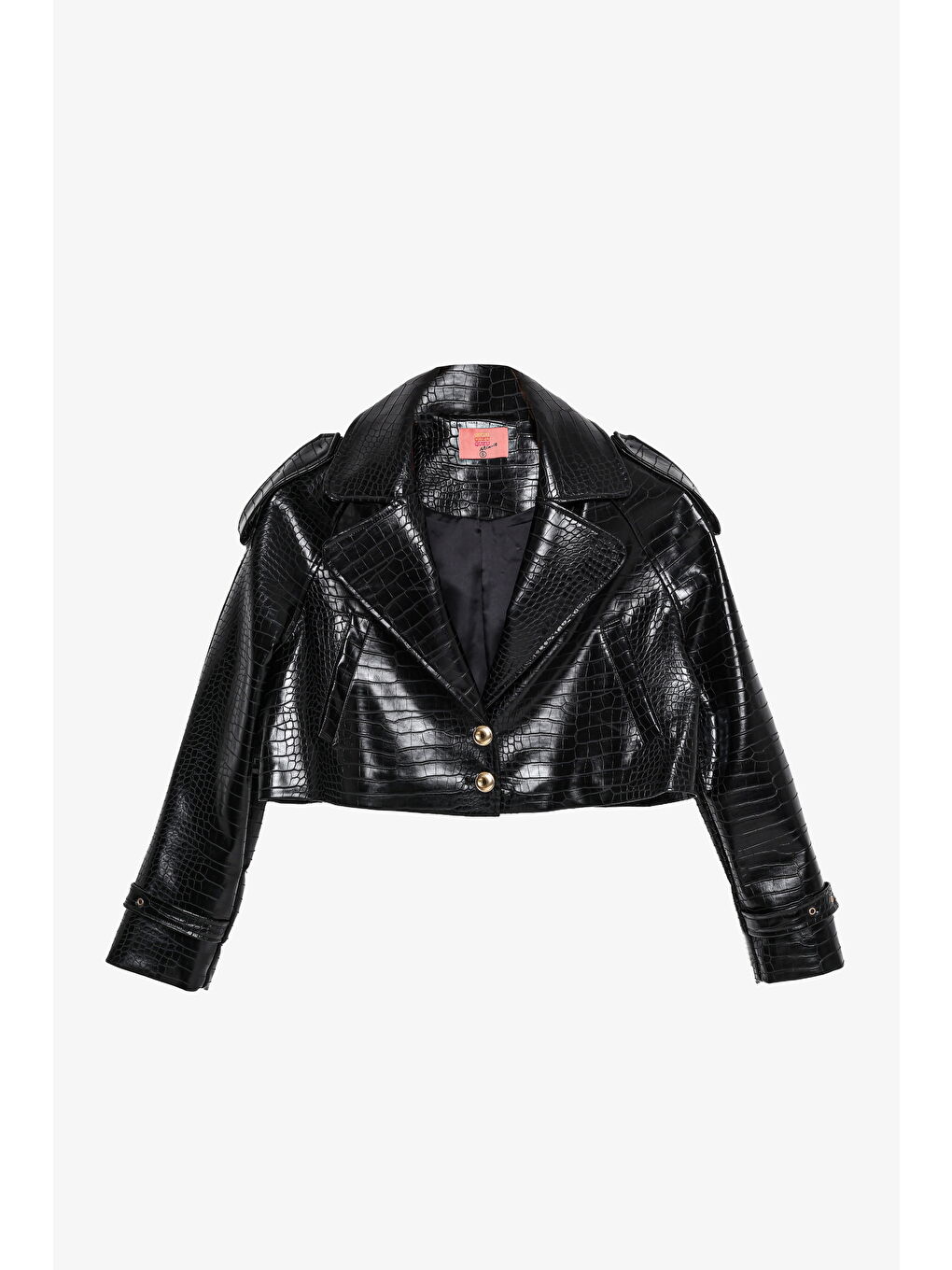 Kroko Desenli Crop Deri Ceket Siyah
