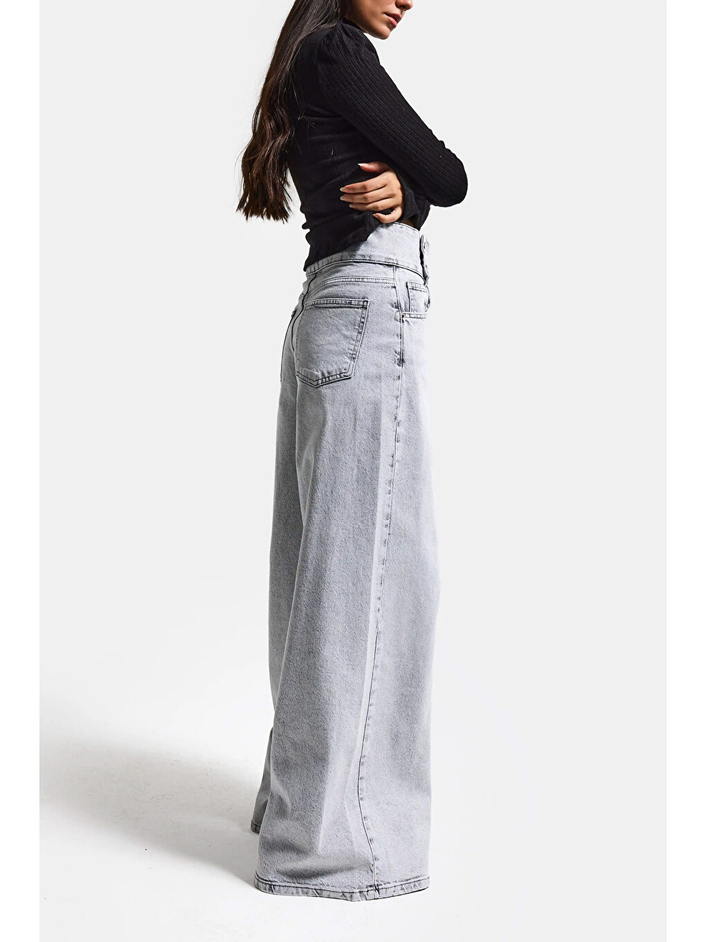 Kadın Gri Renk 4s6-12 Palazzo Fit Kemer Detaylı Elastan Kumaş Denim Jean-6
