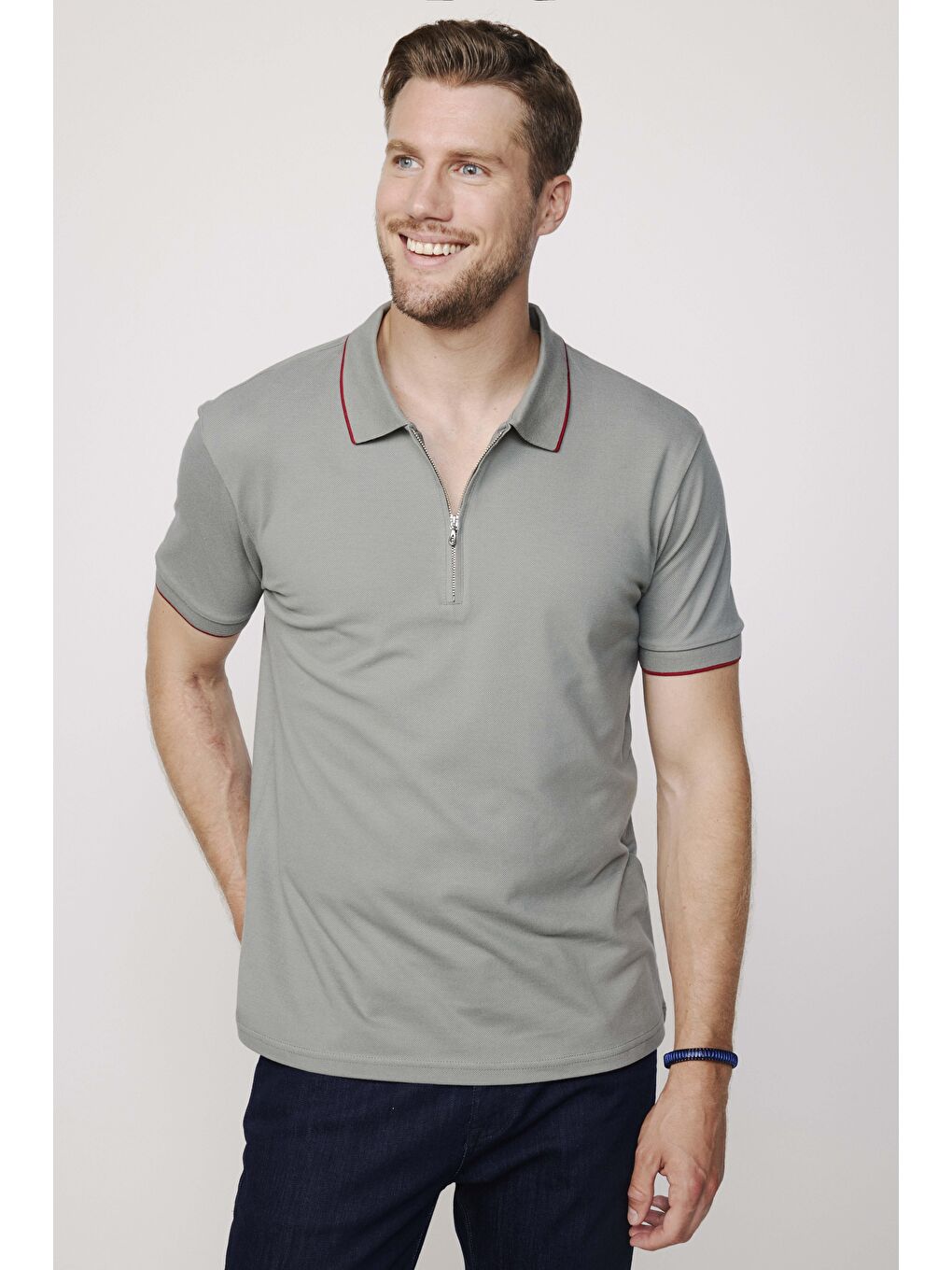Karışık Erkek 3'Lü Paket Lacivert-Gri-Beyaz Slim Fit Dar Kesim Pamuklu Düz Fermuarlı Pike Polo Yaka Tişört-1