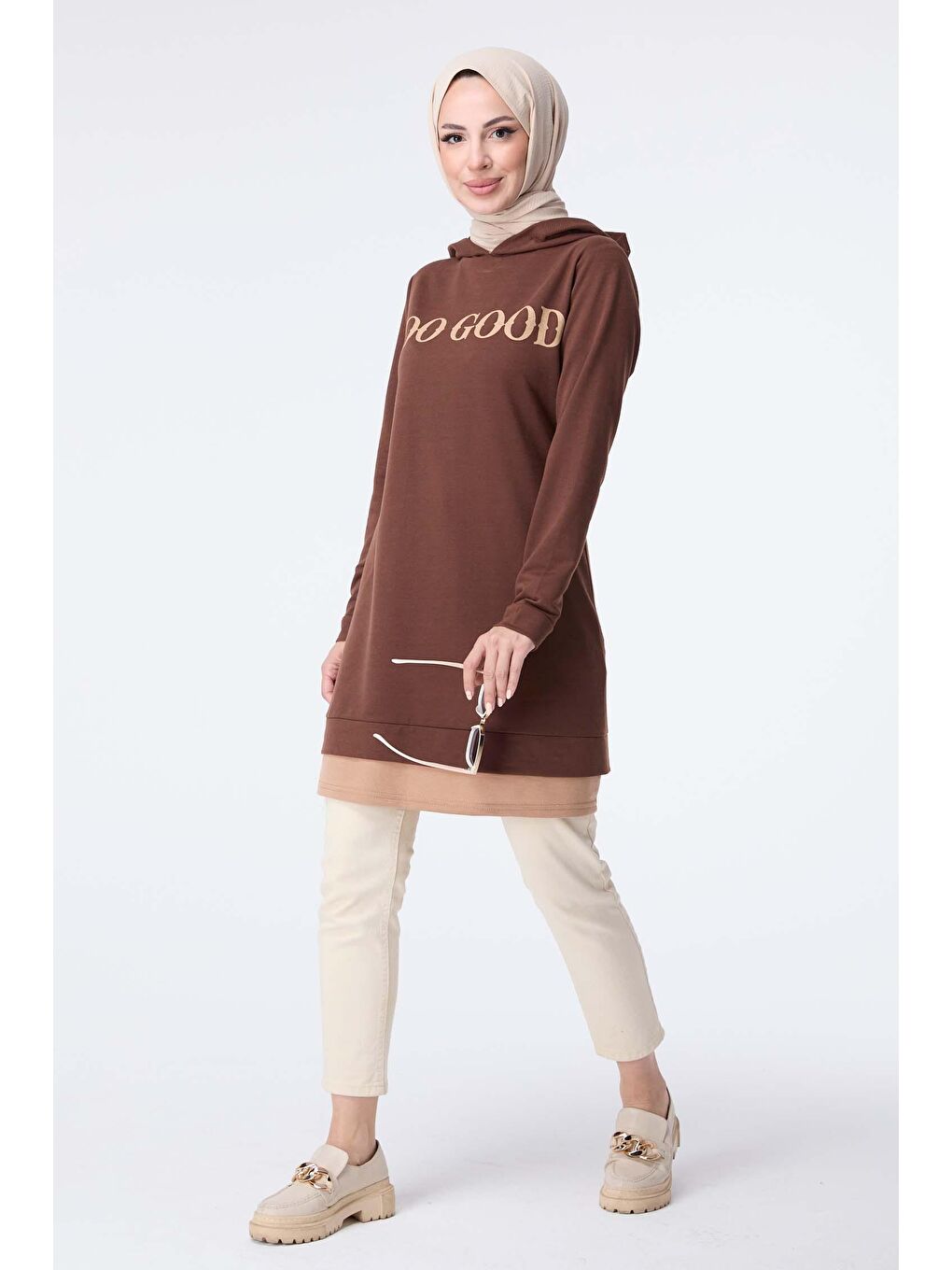 Kapüşonlu Yaka Kadın Kahverengi Sweat - 13024-5