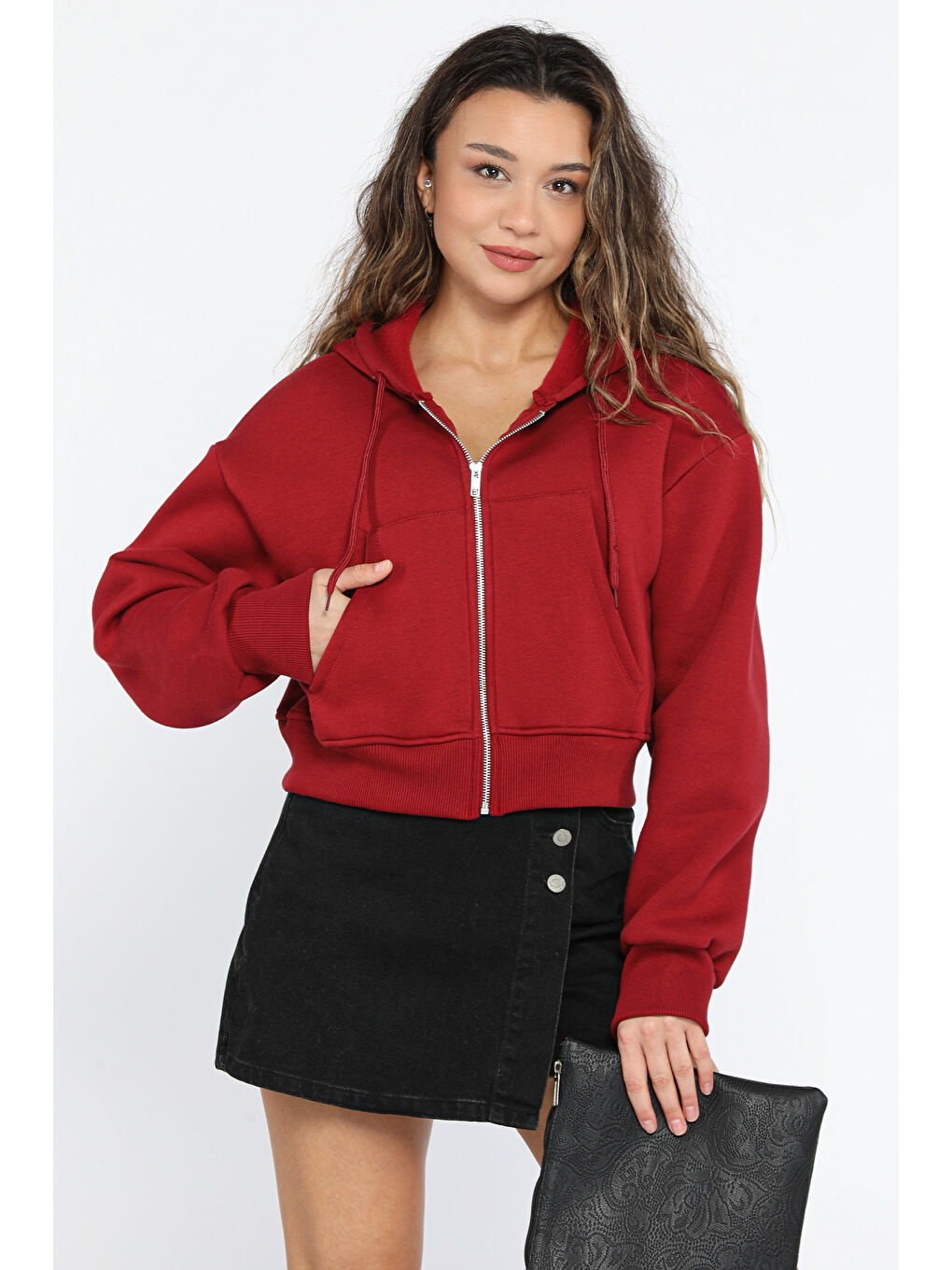 Bordo Kapüşonlu Üç İplik Şardonlu Kadın Sweatshirt