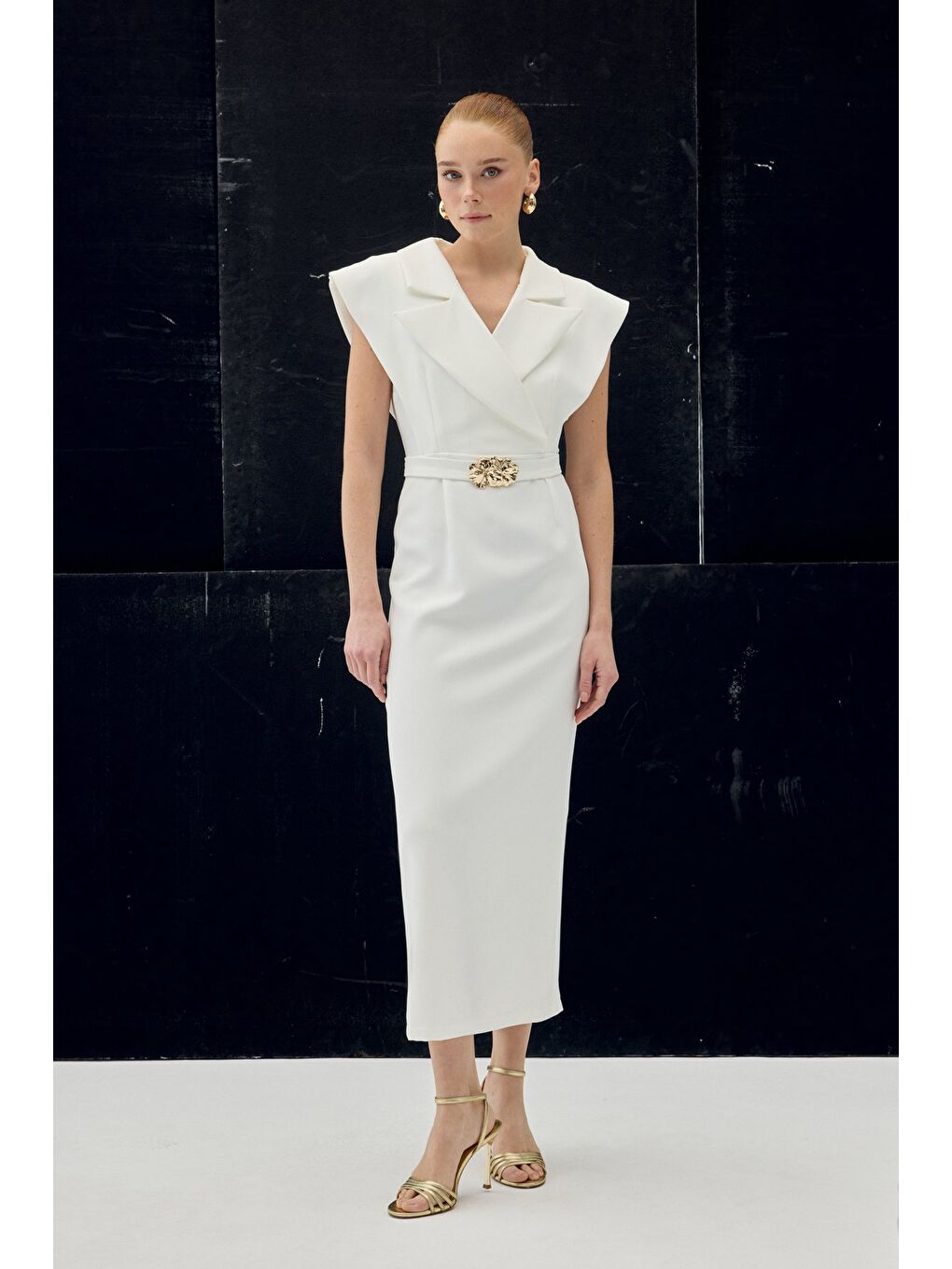 Aksesuar Detaylı Maxi Elbise - Ekru-1