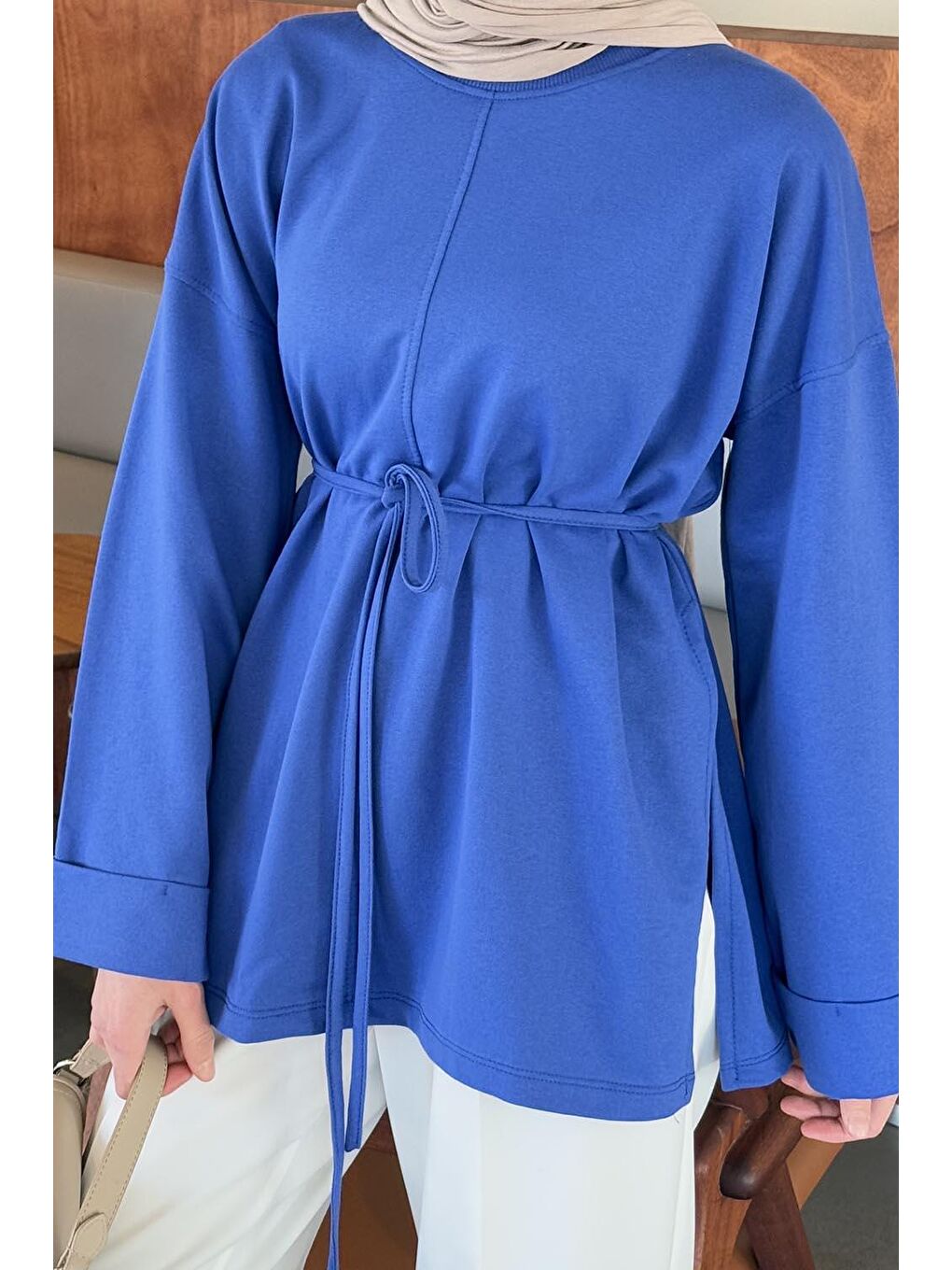 Yırtmaç Detaylı Sweat Saks Mavisi-2