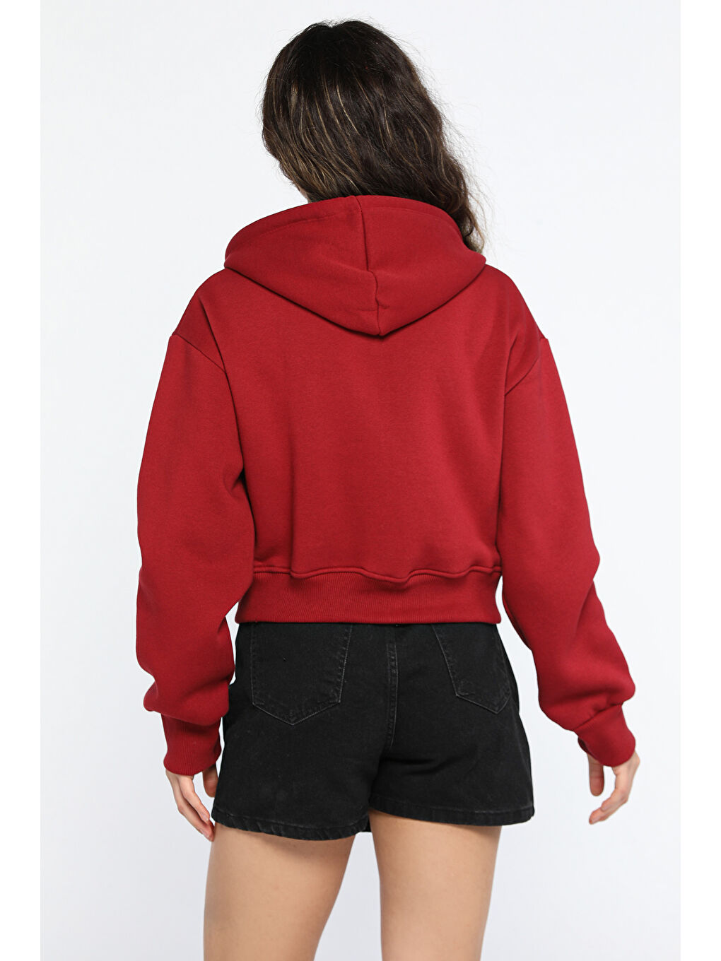 Bordo Kapüşonlu Üç İplik Şardonlu Kadın Sweatshirt-1