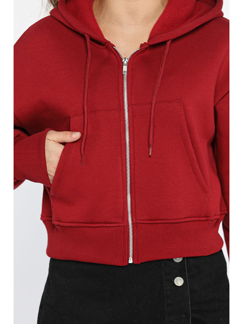 Bordo Kapüşonlu Üç İplik Şardonlu Kadın Sweatshirt-2