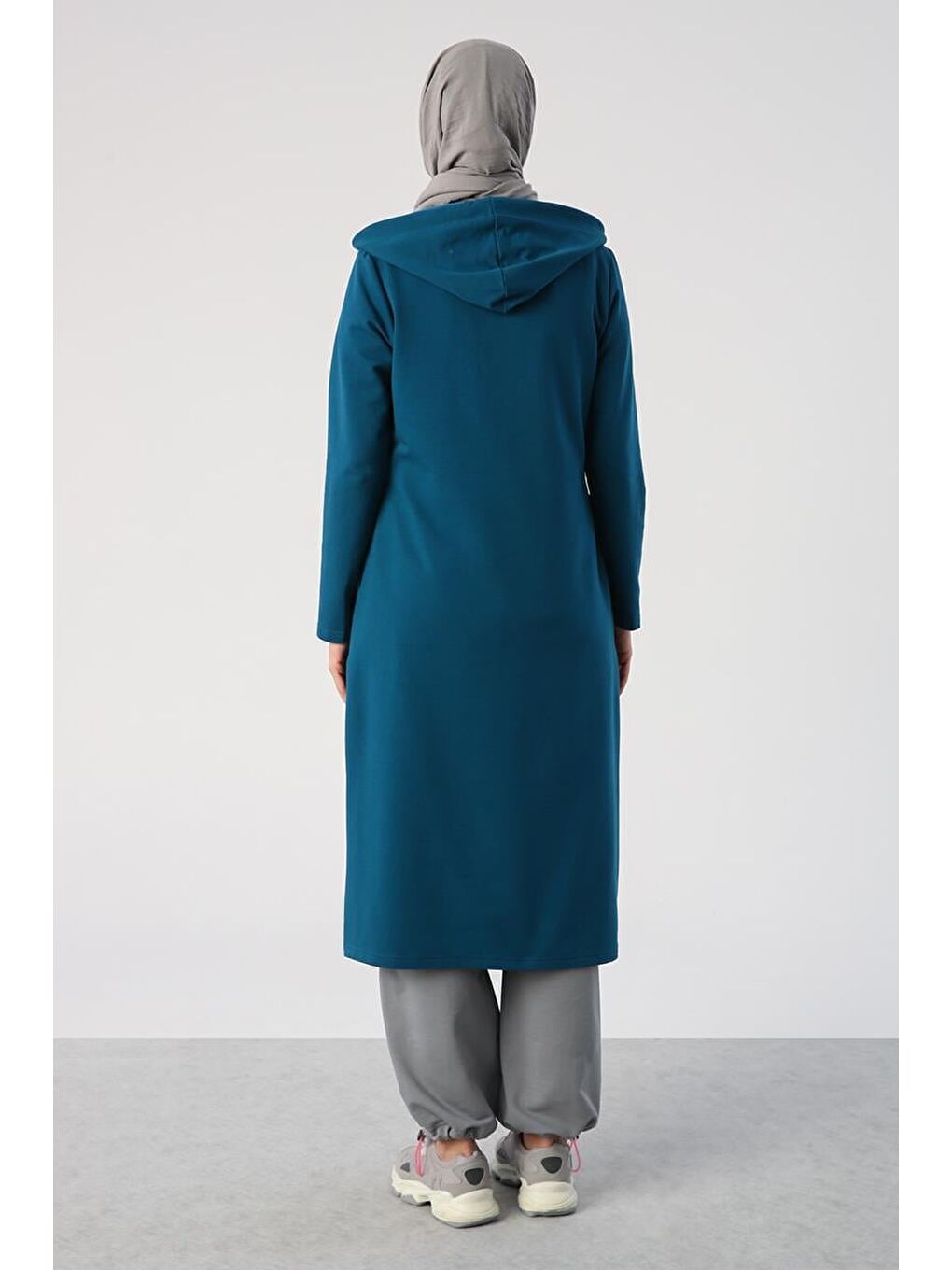 Açık Petrol Aplike Nakışlı Çift Kordonlu Kapüşonlu Hırka-3