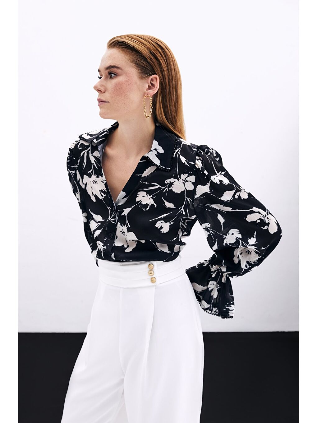 Kol Detaylı Gömlek - Siyah-1