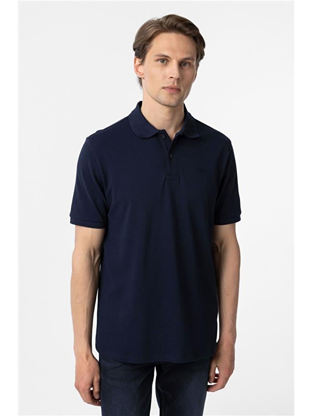 Lacivert Regular Düz Polo Yaka Tişört-1