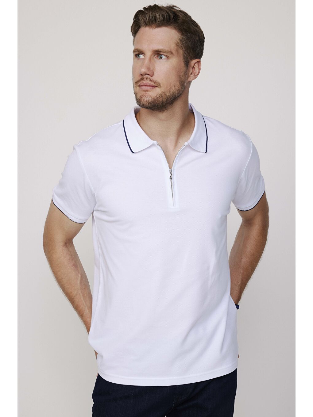 Karışık Erkek 3'Lü Paket Lacivert-Gri-Beyaz Slim Fit Dar Kesim Pamuklu Düz Fermuarlı Pike Polo Yaka Tişört-2