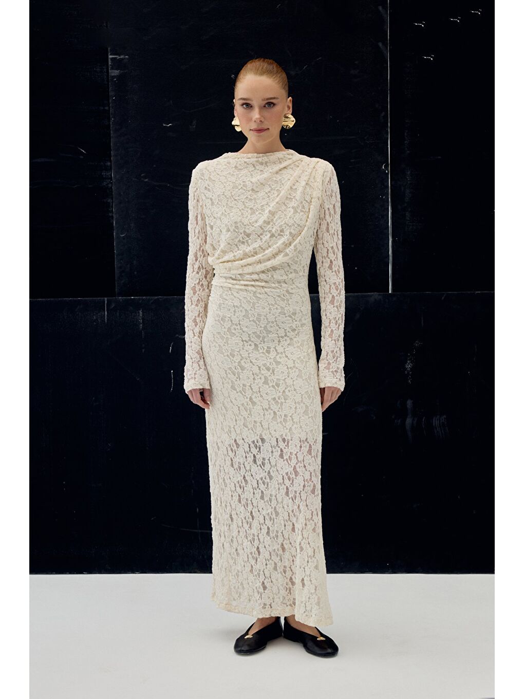 Dantel Elbise - Bej-4