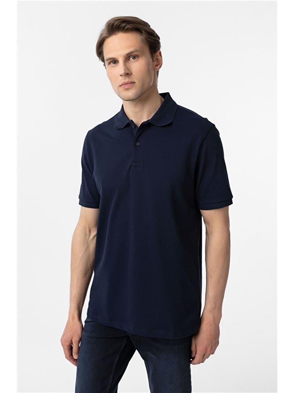 Lacivert Regular Düz Polo Yaka Tişört-2
