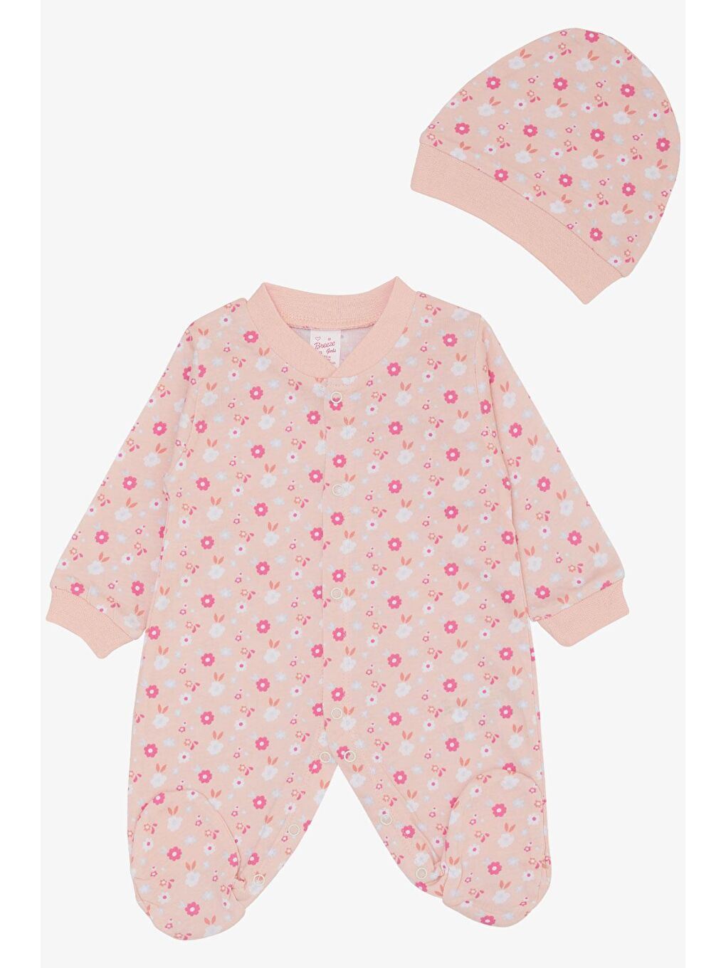 Pembe Kız Bebek Patikli Tulum Renkli Çiçek Desenli Somon (4-6 Ay)