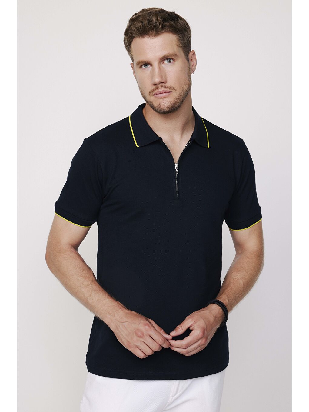Karışık Erkek 3'Lü Paket Lacivert-Gri-Beyaz Slim Fit Dar Kesim Pamuklu Düz Fermuarlı Pike Polo Yaka Tişört-3