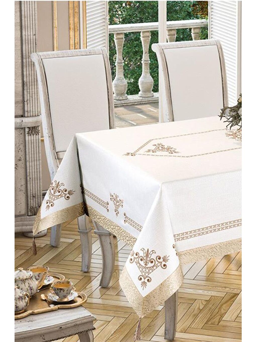 Sarı Lale Baskılı Dikdörtgen Masa Örtüsü Gold-3