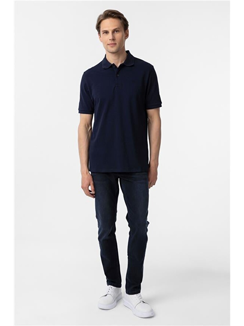 Lacivert Regular Düz Polo Yaka Tişört-5