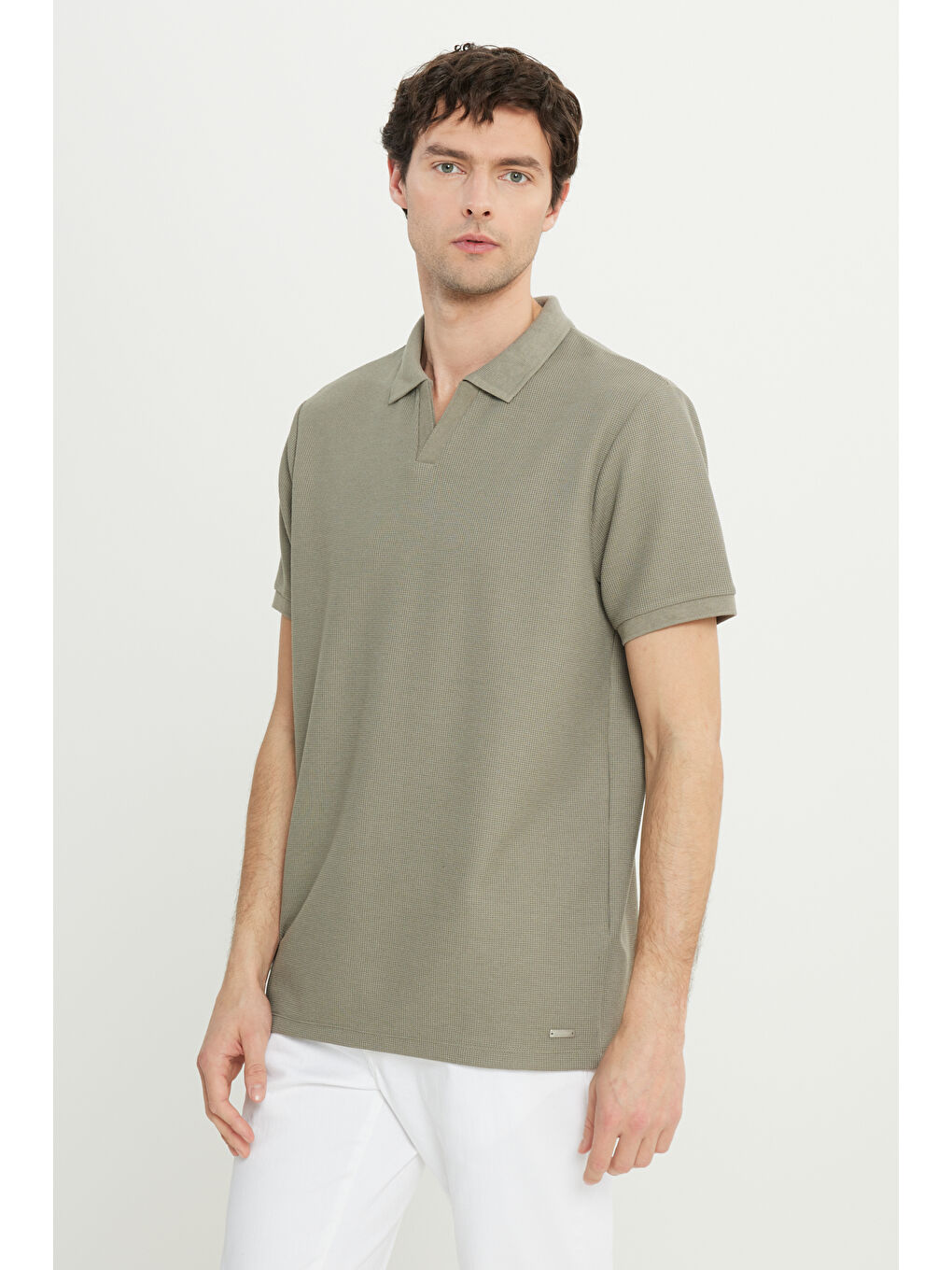Erkek Haki Slim Fit Dar Kesim Polo Yaka Jakarlı Esnek Tişört