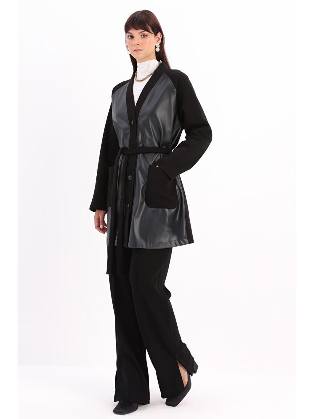 Siyah-Pamuklu Şardonlu Kuşaklı Hırka-1