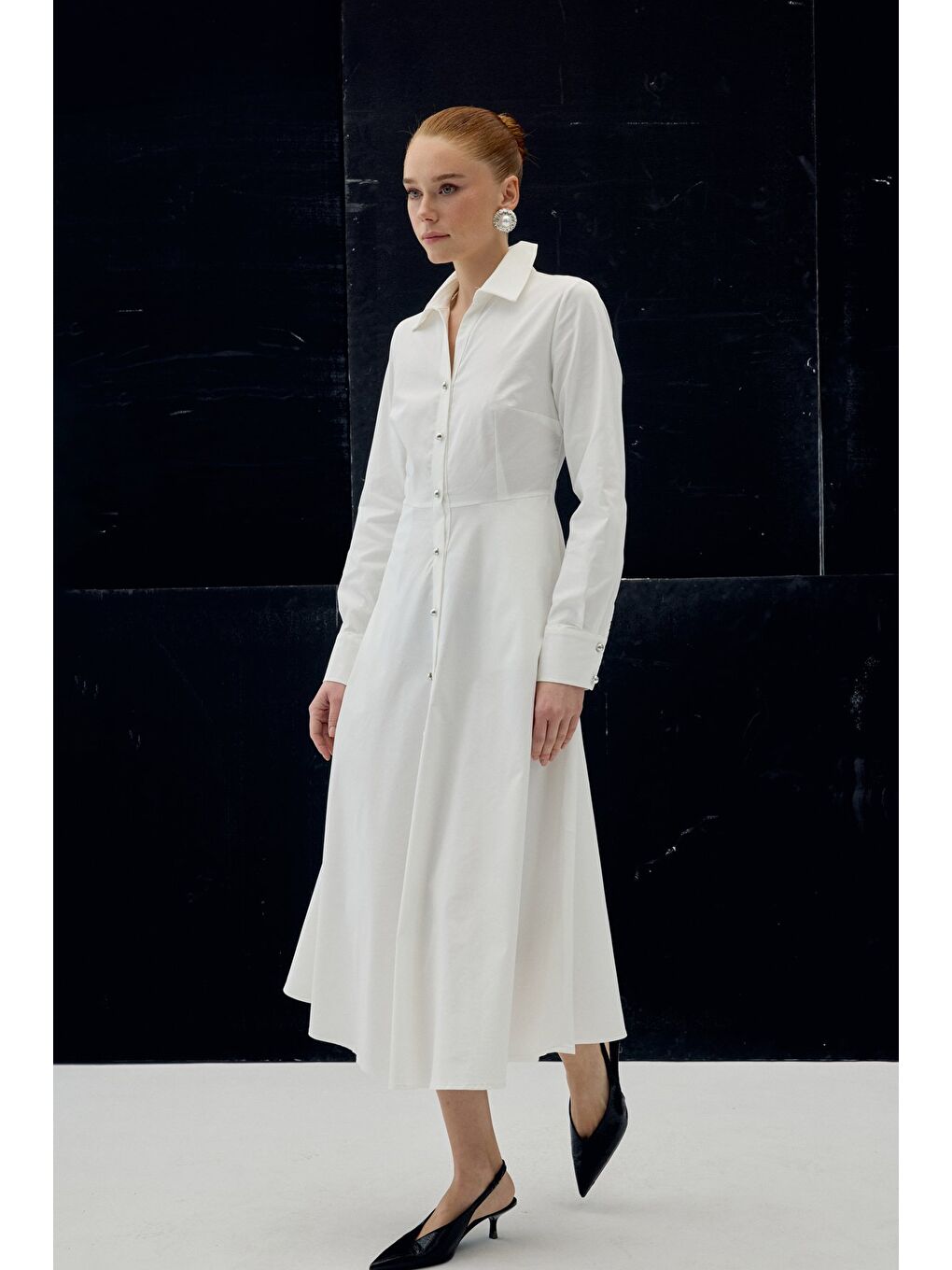 Uzun Düğme Detaylı Elbise - Ekru-2