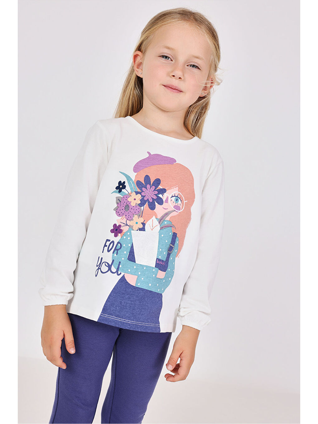 Ekru Kız Çocuk Çiçek Baskılı Bluz