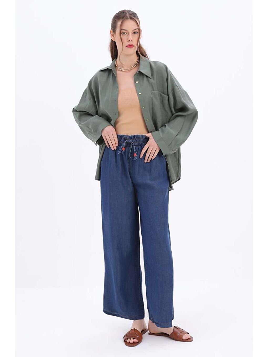 Koyu Mavi-Beli Lastikli Denim Pantolon