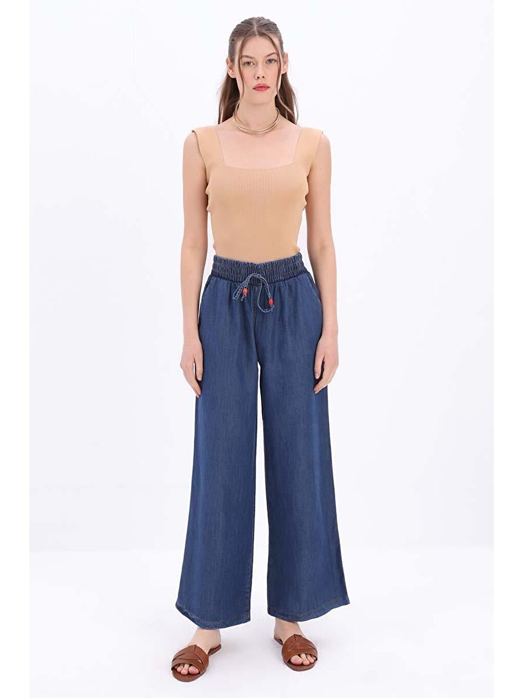 Koyu Mavi-Beli Lastikli Denim Pantolon-1