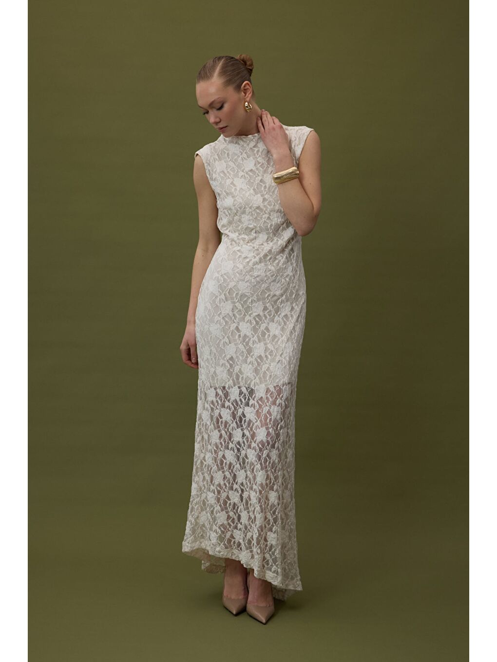 Dantel Kolsuz Elbise - Bej-2