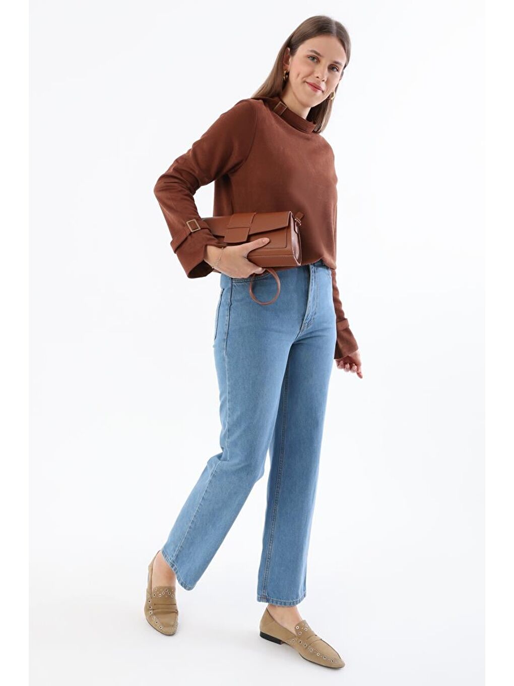 Mavi-%100 Pamuk Boru Paça Orta Bel Denim Pantolon