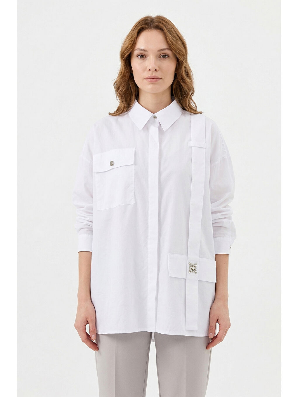 Sol Tarafı Askı Detaylı Paper Touch Gömlek 153 Beyaz