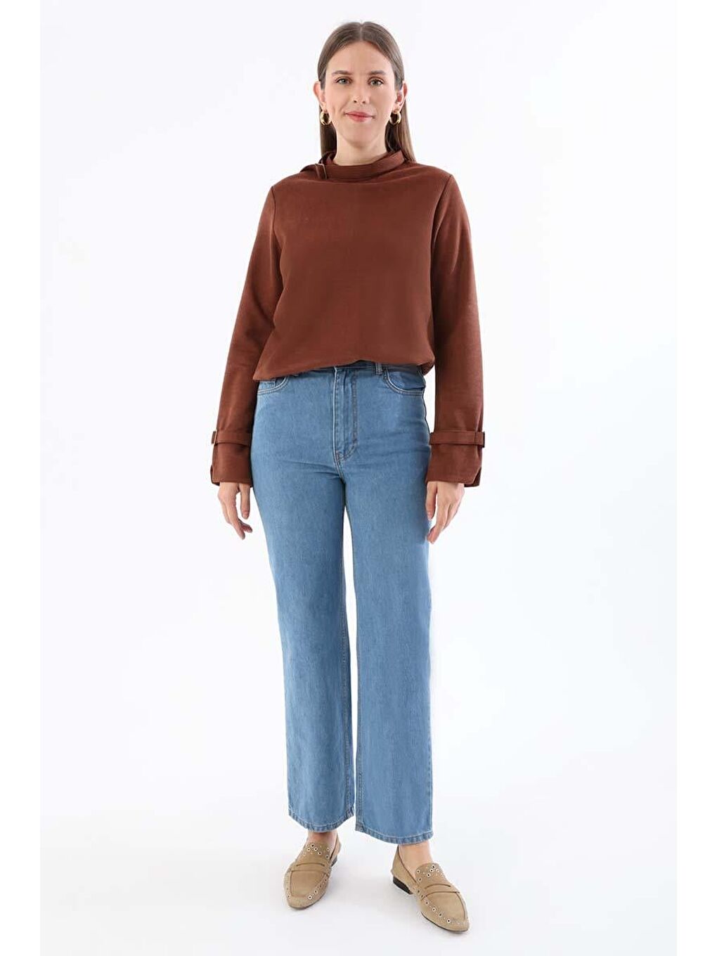 Mavi-%100 Pamuk Boru Paça Orta Bel Denim Pantolon-1