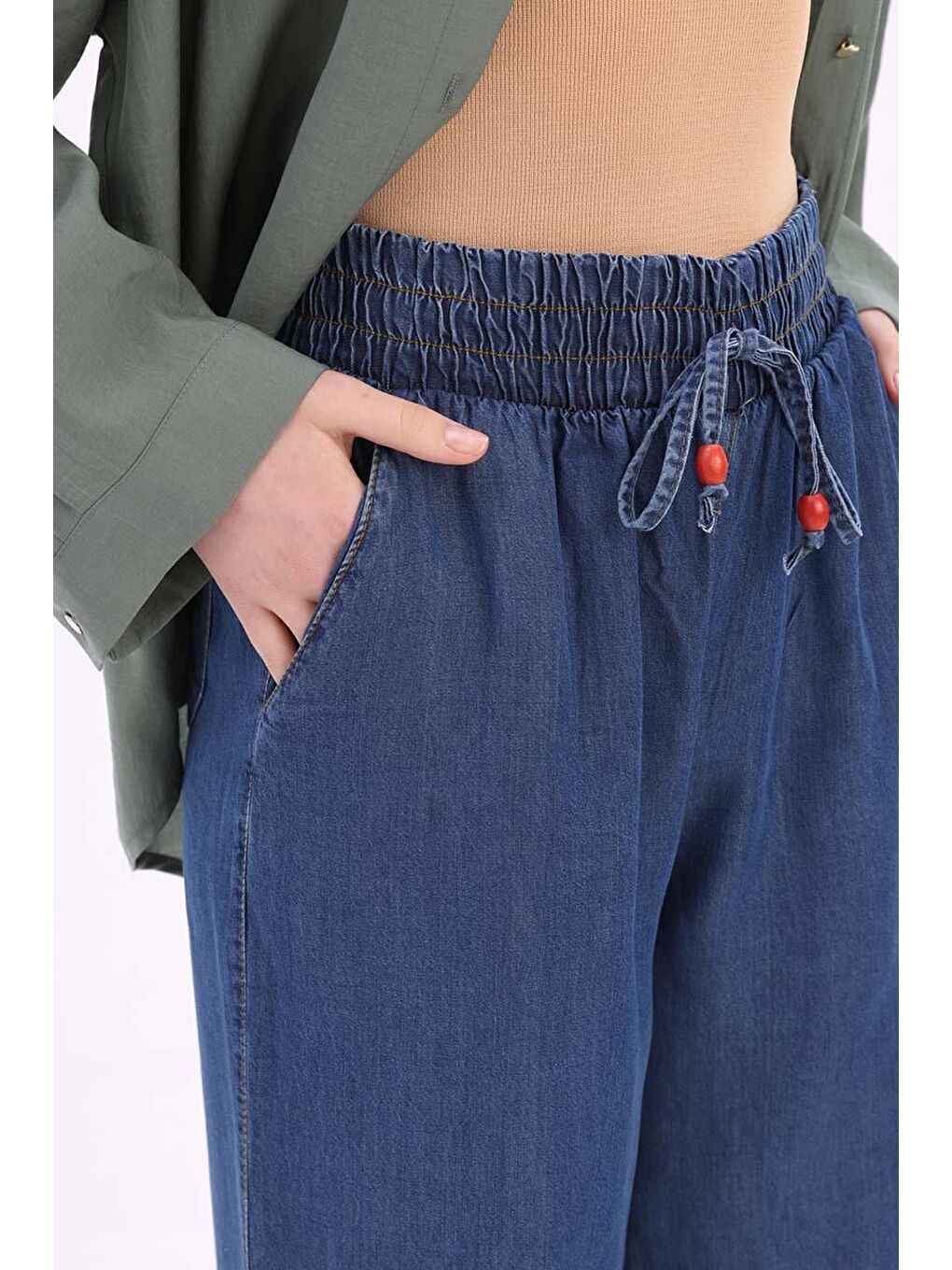 Koyu Mavi-Beli Lastikli Denim Pantolon-4