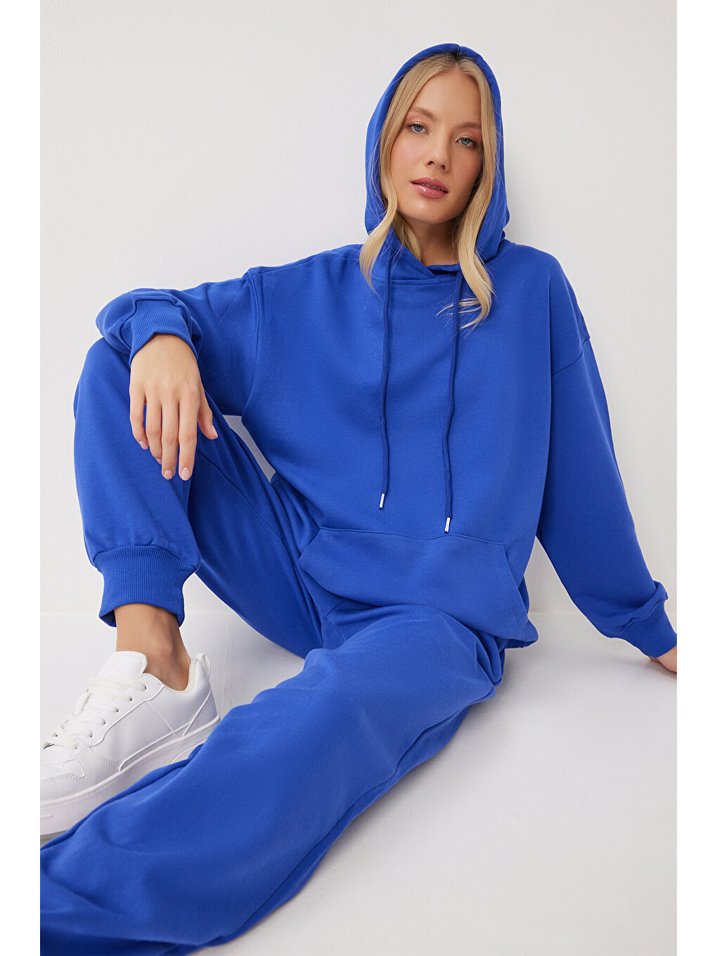 Kapüşonlu Sweatshirt Jogger Oversize Örme Eşofman Takımı Mavi Lpys003