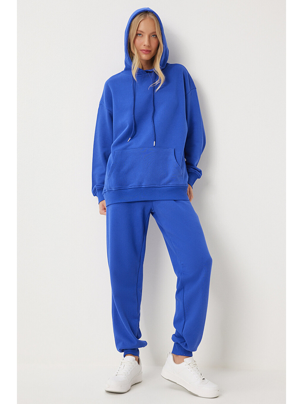 Kapüşonlu Sweatshirt Jogger Oversize Örme Eşofman Takımı Mavi Lpys003-1