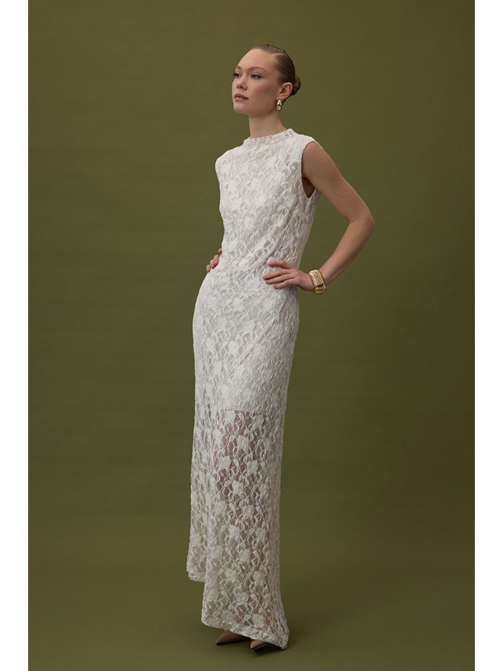 Dantel Kolsuz Elbise - Bej-3