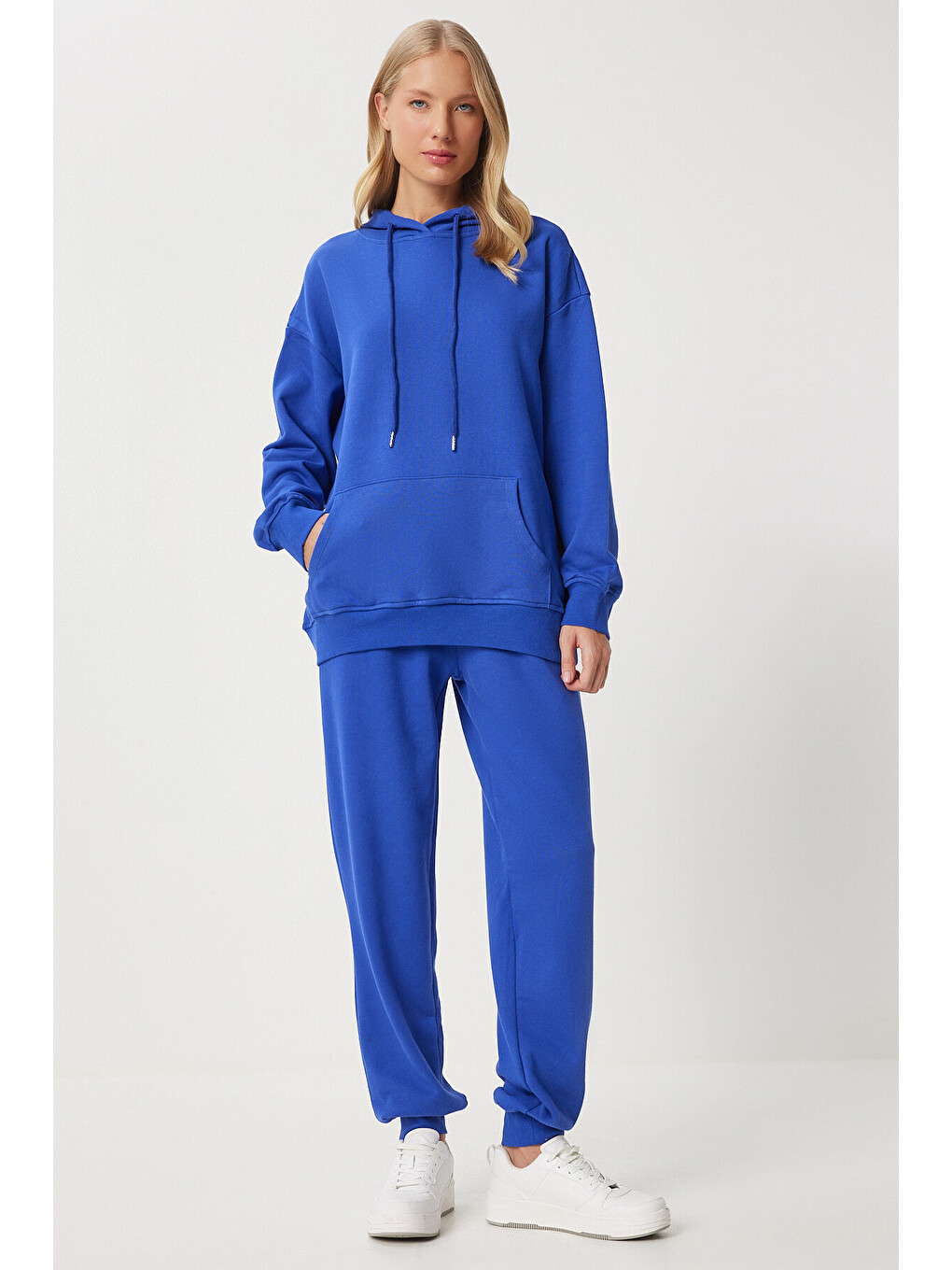 Kapüşonlu Sweatshirt Jogger Oversize Örme Eşofman Takımı Mavi Lpys003-2