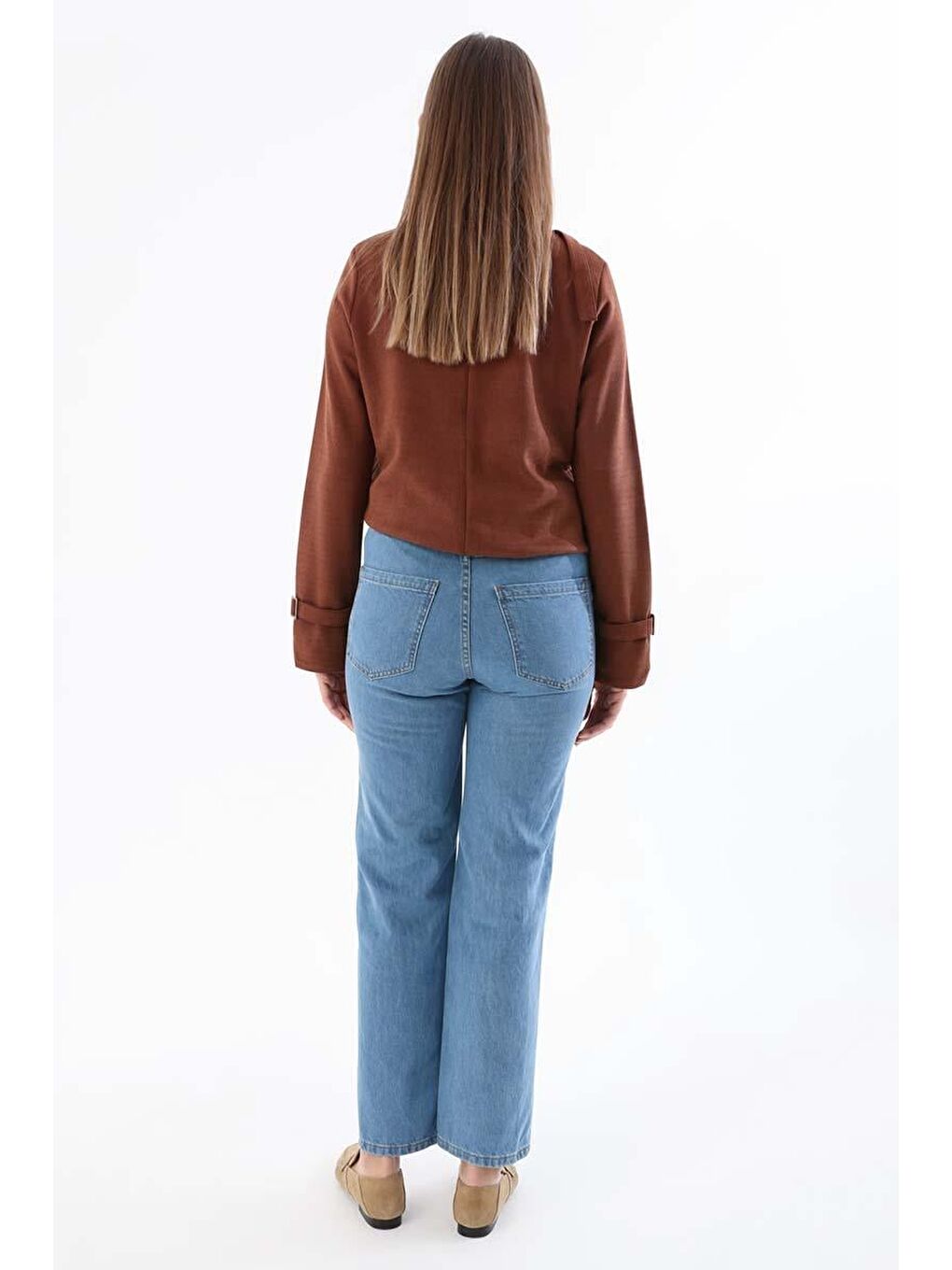 Mavi-%100 Pamuk Boru Paça Orta Bel Denim Pantolon-3