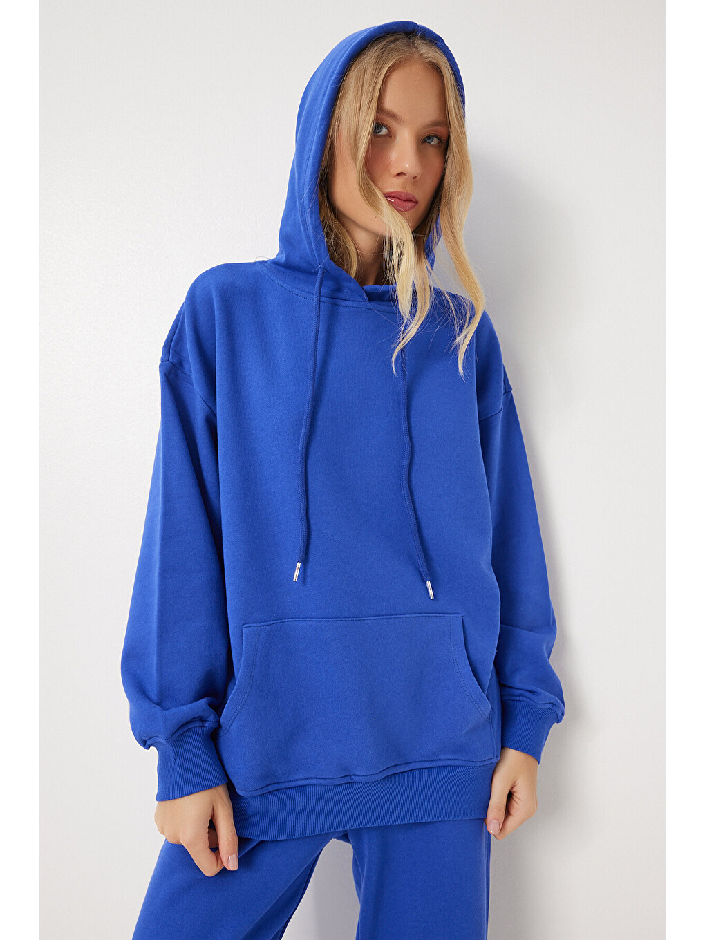Kapüşonlu Sweatshirt Jogger Oversize Örme Eşofman Takımı Mavi Lpys003-3
