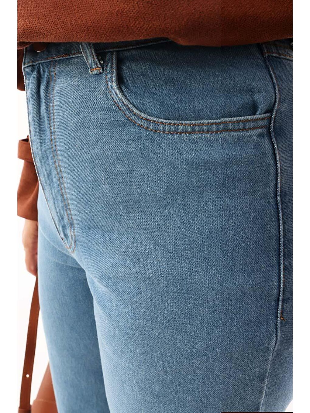 Mavi-%100 Pamuk Boru Paça Orta Bel Denim Pantolon-4